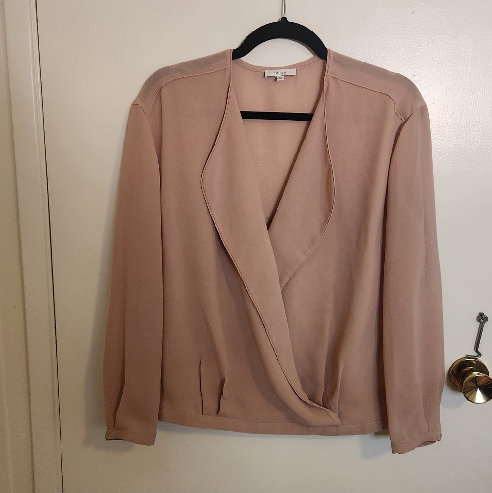REISS Eleanora Pale Pink V Neck Faux Wrap Blouse sz 6